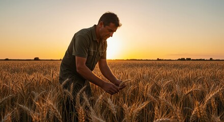 Farmer Examining Wheat Field at Sunset Agriculture Production Rural Prosperity Harvest Success