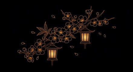 Elegant Japanese Plum Blossoms and Lanterns Dark Background Illustration