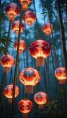 Traditional red and floral lanterns glowing in a bamboo forest during dusk, symbolizing Asian cultural celebrations