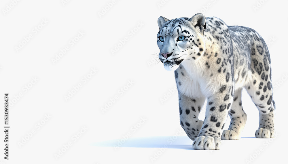 Poster adorable 3d snow leopard with soft fur posing against a clean white background ready for text or gra