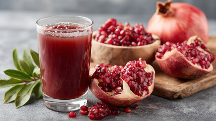 A glass of rich red pomegranate juice stands in focus, with a whole pomegranate and scattered opened seeds in the background, highlighting freshness, nutrition, and natural fruit goodness.