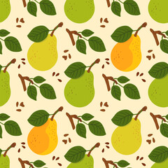 Seamless pattern with cartoon green pears in modern flat style. Fruit background. Vector printing for fabric and wallpaper. Cute fruits on a yellow background