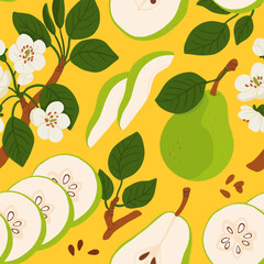 Seamless pattern with cartoon green pears in modern flat style. Fruit background. Vector printing for fabric and wallpaper. Cute fruits on a yellow background