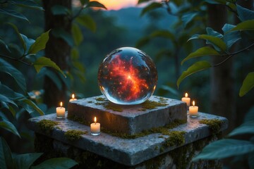 Mystical crystal ball with cosmic nebula reflection on mossy stone altar surrounded by lit candles in a forest