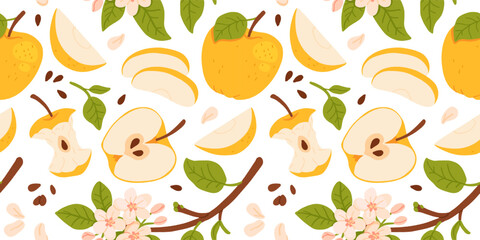 Flower seamless pattern with yellow Apples and bloom Branch. Repeating white background with fruits harvest and blossom plants. Hand drawn vector botanical illustration for design, print, paper, card