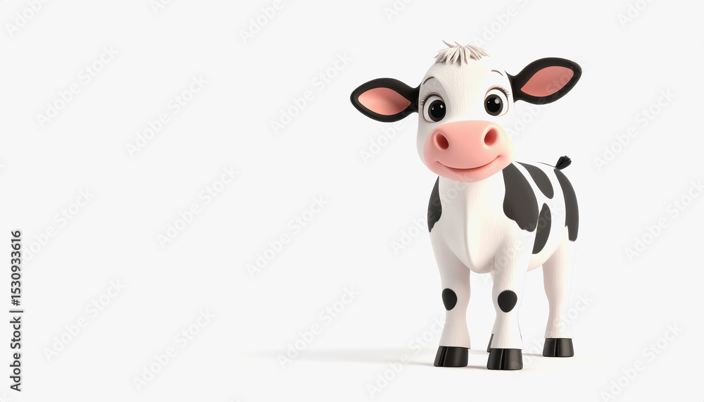 Poster charming 3d baby cow with playful expression and full body view on a clean white background for text