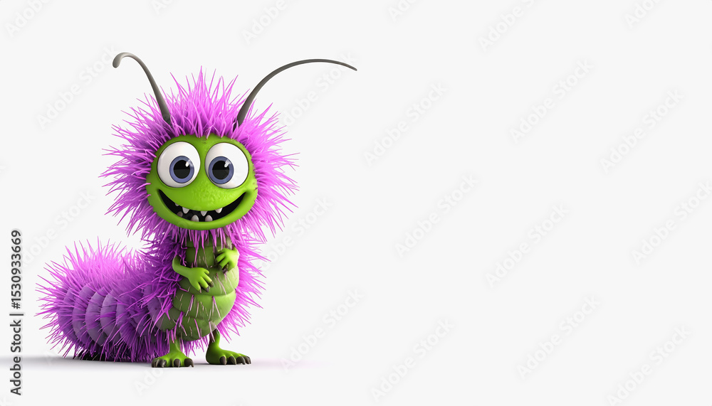 Poster whimsical 3d purple bug with large eye displaying cute features on a bright white background for des