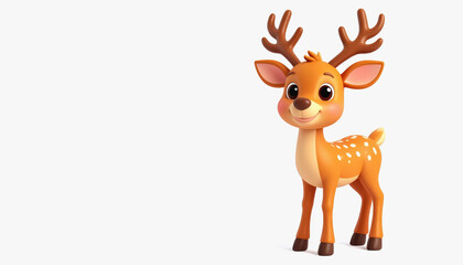 Adorable 3d antlered deer with cute features and full body design on a white background perfect for text placement