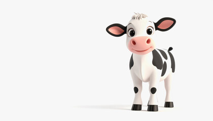 Charming 3d baby cow with playful expression and full body view on a clean white background for text addition