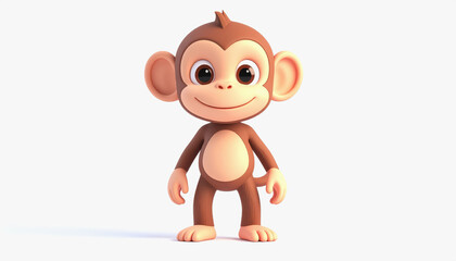Delightful 3d baby monkey with expressive face and full body representation on a bright white background for text use