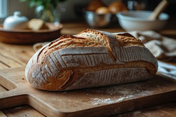 Artisan sourdough bread loaf with decorative scoring on a wooden cutting board in a rustic kitchen setting