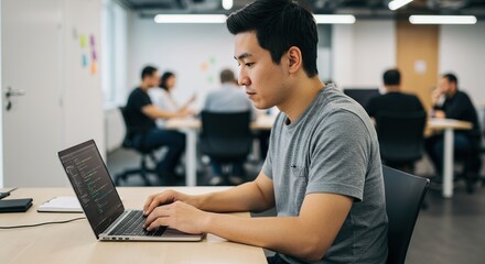 Asian Man Typing on Laptop in Bright Open Office Concept of Modern Work Environment
