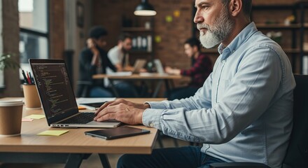 Professional Man Coding on Laptop in Office Focused on Solving Complex Software Isolated