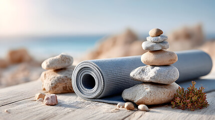 Stacked stones beside rolled yoga mat on wooden surface, with blurred beach background, creating a serene and tranquil atmosphere for relaxation. Selective focus