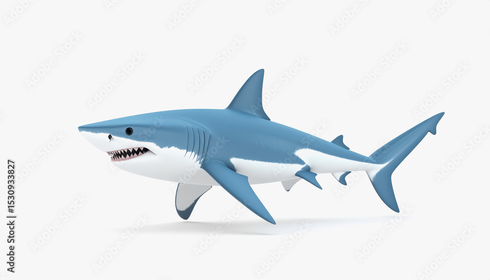 Poster adorable 3d deep sea shark character in full body pose with ample copy space for text on clean white