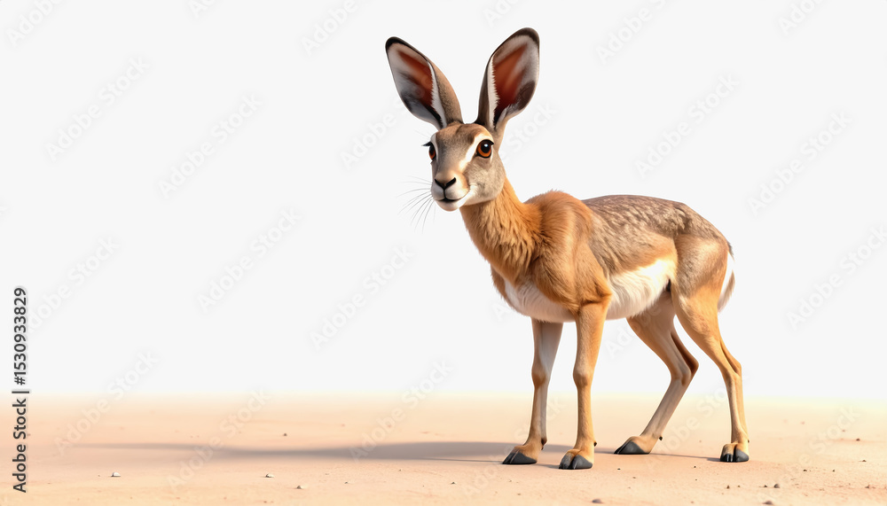 Poster cute 3d desert hare character standing in the sand with generous copy space for text on bright white