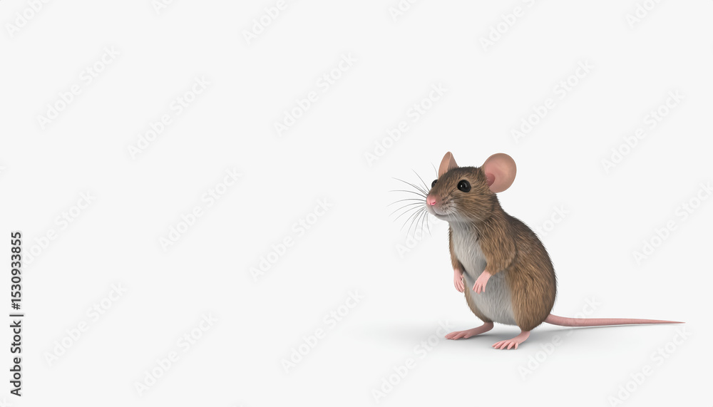 Poster adorable 3d field mouse character in full body pose with ample copy space for text on bright white b