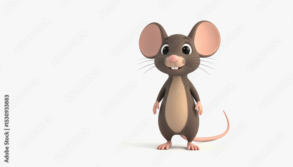 Poster cute 3d field mouse character in full body pose with generous copy space for text on clean white bac