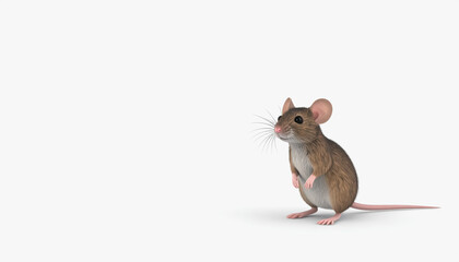 Adorable 3d field mouse character in full body pose with ample copy space for text on bright white background