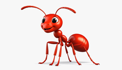 Adorable 3d fire ant character in full body pose with generous copy space for text on clean white background