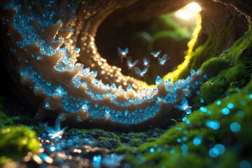 Enchanted forest scene with glowing mushrooms and flying magical blue butterflies at sunrise