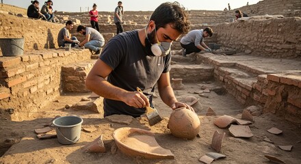 Archaeological Dig Excavation Team Discovering Historical Artifacts Preserving Heritage and Culture in Ancient Site Excavation for Research