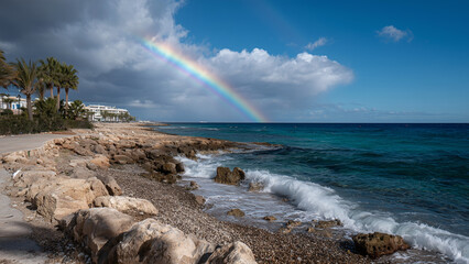 A vibrant rainbow arcs gracefully over the calm sea, merging sky and ocean in a serene display. Gentle waves shimmer beneath the colorful light, evoking peace, hope, and natural beauty.