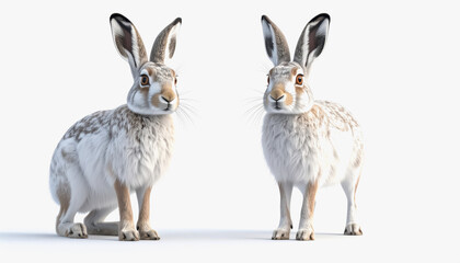 Two cute 3d rabbits sitting together in a playful pose with ample copy space on a white background