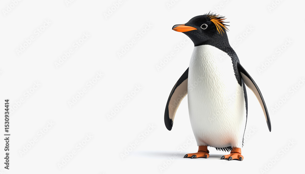 Poster adorable 3d rockhopper penguin full body image with copy space for text on a bright white background
