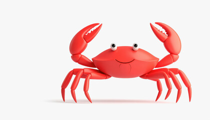 Delightful 3d red crab full body image with copy space for text set against a pure white background for design use