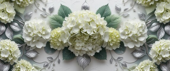 Elegant floral arrangement of white hydrangeas with green and silver leaves on a textured white background