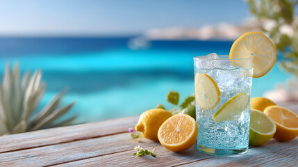 Refreshing glass of sparkling lemonade with lemon slices on wooden table, surrounded by fresh lemons and vibrant turquoise ocean in the background. Selective focus