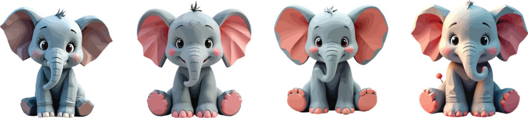Cut out set of vector Baby Elephant Plush Toy Isolated on Transparent White Background.