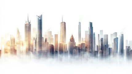 Obraz premium Urban skyline with architectural diversity and ethereal fog ambiance