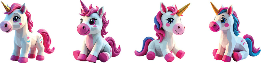 Cut out set of vector Magical Unicorn Stuffed Plush Toy Isolated on Transparent White Background.