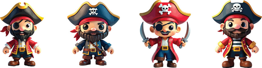 Cut out set of vector Plush Pirate Character Toy Isolated on Transparent White Background.