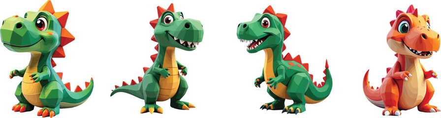 Cut out set of vector Cartoon Dinosaur Plush Toy Isolated on Transparent White Background.