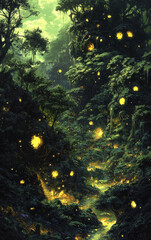 Enchanted Forest Path Glowing Lights and Lush Greenery at Night