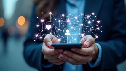 Woman holding smartphone showing social media network connections and hearts