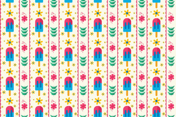 Colorful seamless pattern with popsicles, flowers, and tropical leaves. Ideal for summer-themed wrapping paper, fabrics, and kids’ products. eps10