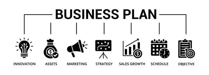 Business plan banner glyph icon with innovation, assets, marketing, strategy, sales growth, schedule, objective