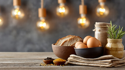 Rustic kitchen scene featuring fresh ingredients like eggs, bread, and spices, with warm lighting creating a cozy atmosphere for culinary inspiration. Selective focus