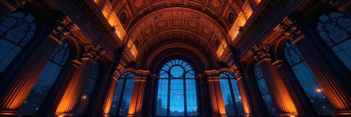 Intricate ceiling details are dramatically lit against a dark night sky, visible through a large window The contrast highlights architectural artistry and the vastness of the night , window, detail