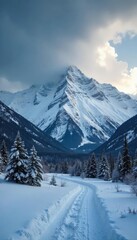Fototapeta premium A powerful Colorado storm rolls in, dark clouds fill the sky, heavy snow begins to fall on a mountain range The wind howls, creating a dramatic winter scene , Rockies, wilderness, weather event