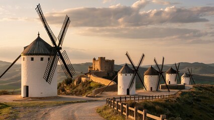 Naklejka premium Historic Windmills at Sunset with a Castle in the Background