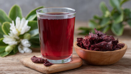 A glass of vibrant roselle (hibiscus) drink is set against a backdrop of fresh roselle calyces or dried petals. The deep red tones evoke refreshment, natural wellness, and herbal richness.