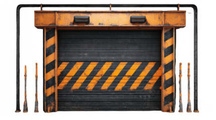 Old, rusty industrial loading dock door featuring orange and black hazard stripes, set against a transparent background, awaits opening, hinting at untold stories within