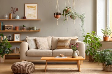 Obraz premium Beige sofa and plants living room interior design ideas modern home decor inspiration and furniture trends
