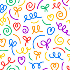 Seamless pattern of doodle elements hand drawn style with symbol heart, line, curve waves, ribbon bows, spiral shells, LGBT pride background, rainbow color. Abstract trendy cute cartoon design print