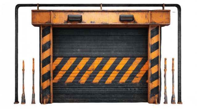 Old, rusty industrial loading dock door featuring orange and black hazard stripes, set against a transparent background, awaits opening, hinting at untold stories within
